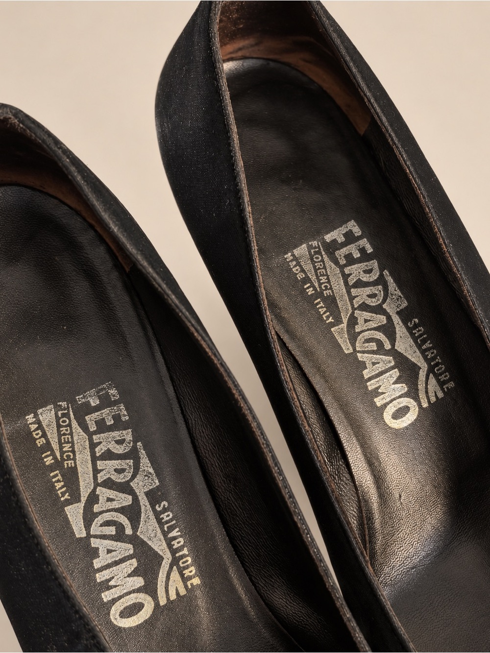 Vintage 1990s Salvatore Ferragamo Black Satin Crystal Heel Pumps